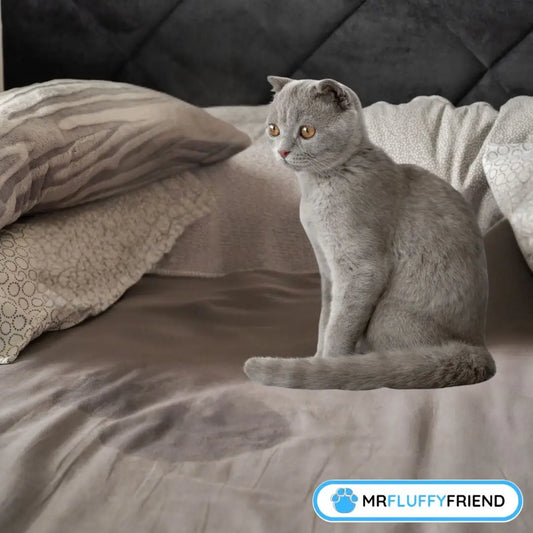 Chat British Shorthair gris assis sur un lit avec des coussins déco et du pipi